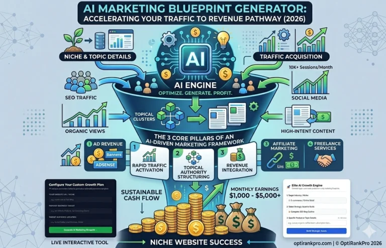 AI Marketing Blueprint Generator framework showing the 3 core pillars to convert organic website traffic into sustainable revenue.